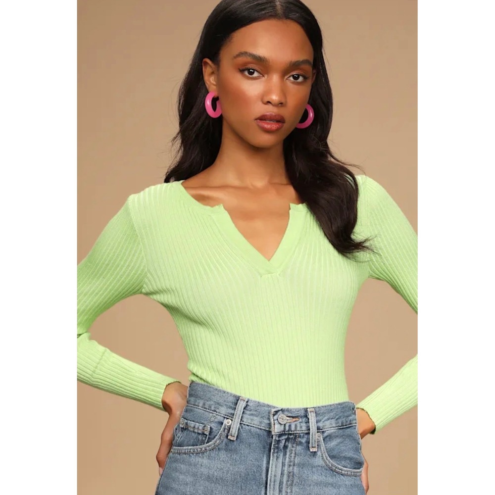 Lulus Style Starter Lime‎ Green Ribbed Long Sleeve Bodysuit Medium